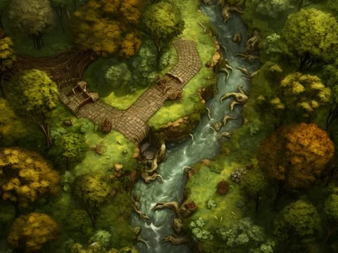 cœur de la forêt, la rivière des racines, battle map for DD5 and Pathfinder