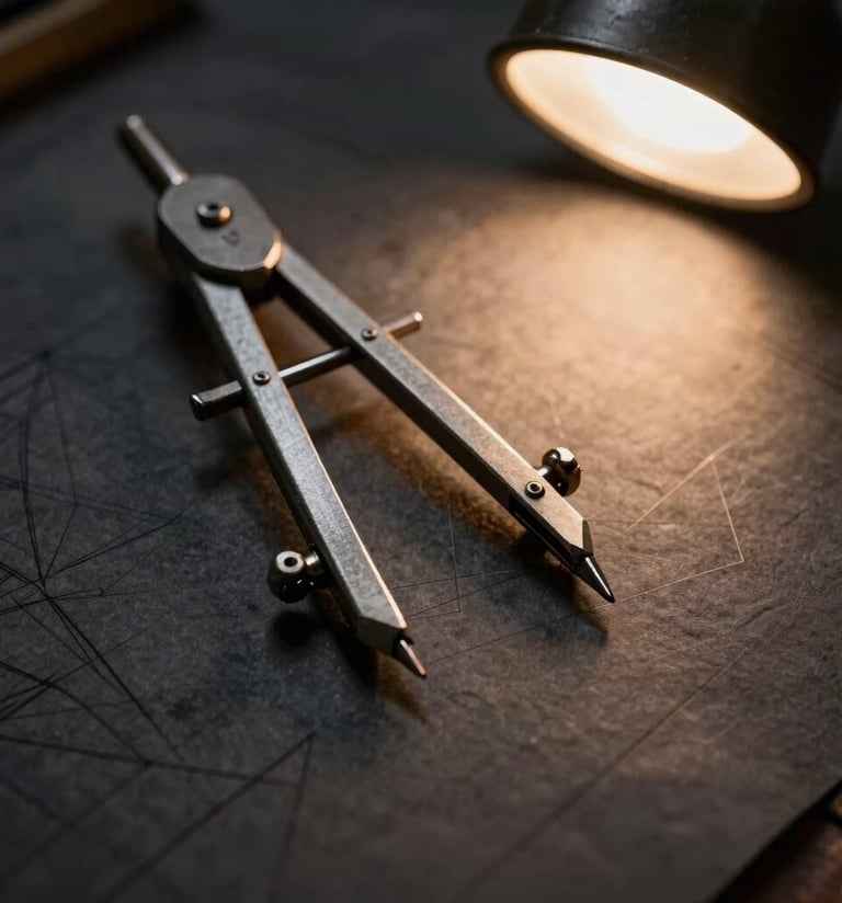 Macro shot of a heavy steel drafting compass drawing precise geometric lines on dark textured blueprint paper, warm directional desk lamp light, industrial workshop aesthetic