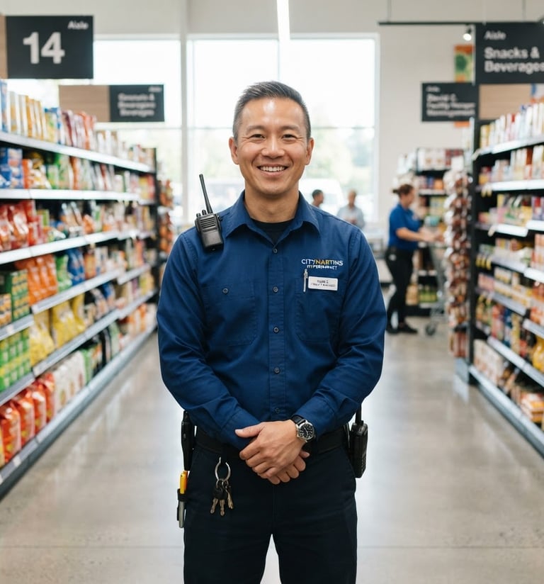 Confident male facility manager in a clean, modern hypermarket aisle, wearing a crisp uniform, smiling towards the camera. Bright natural daylight, professional environmental portrait, sharp focus.