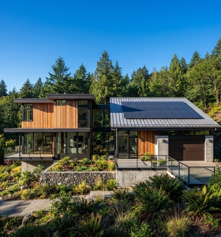 Bright architectural shot of a modern Pacific Northwest home with integrated solar panels on the roof, crisp morning sunlight, clean blue skies, sharp details, high-contrast modern realism, 35mm lens. Panels on the right side of the frame.