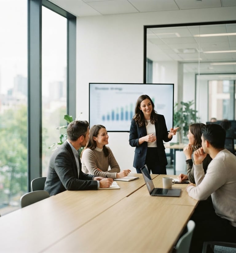 Modern corporate team collaborating in a bright, minimalist workshop, one person presenting on a screen, others engaged in discussion, natural window light, shallow depth of field, professional, 35mm