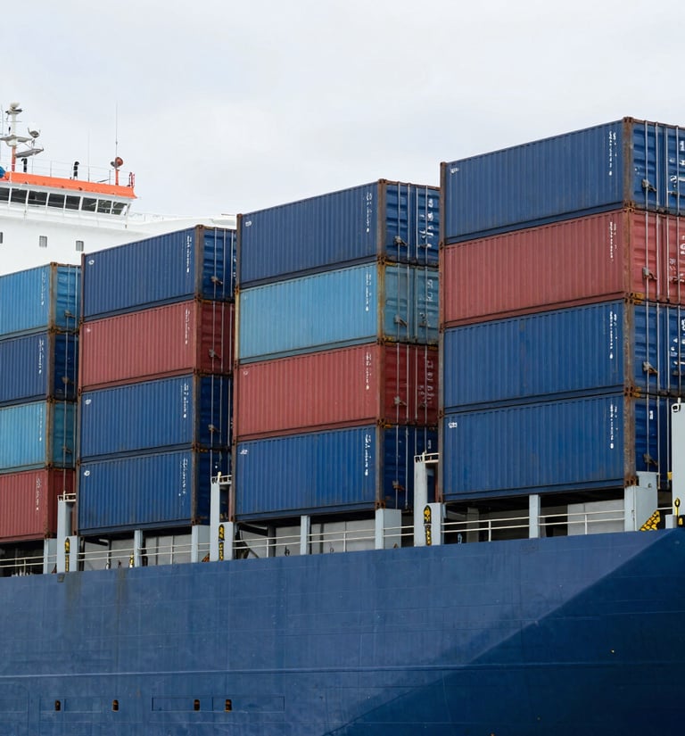 A high-contrast vertical shot of a massive container ship stacked with blue and red cargo containers, overcast daylight, sharp maritime lines.