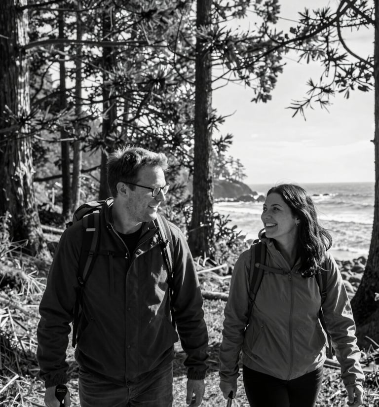 Smiling couple hiking through a coastal forest with ocean views and tall redwood trees.