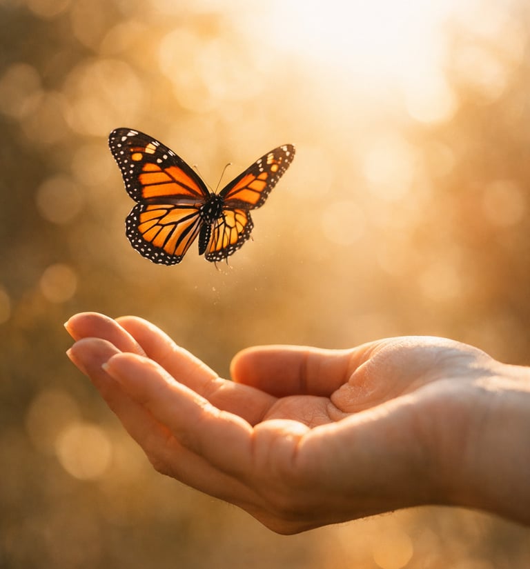 Butterfly Hovering Over Hand in Golden Light – Peaceful Spiritual Moment (8K).png