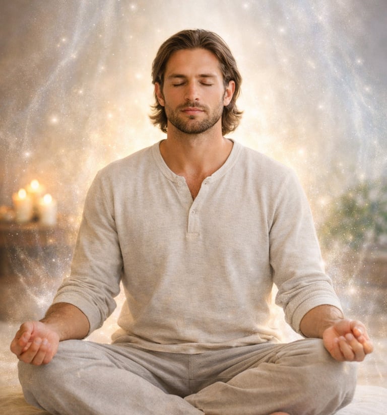 Person sitting calmly with eyes closed, surrounded by soft glowing light and a peaceful energy field