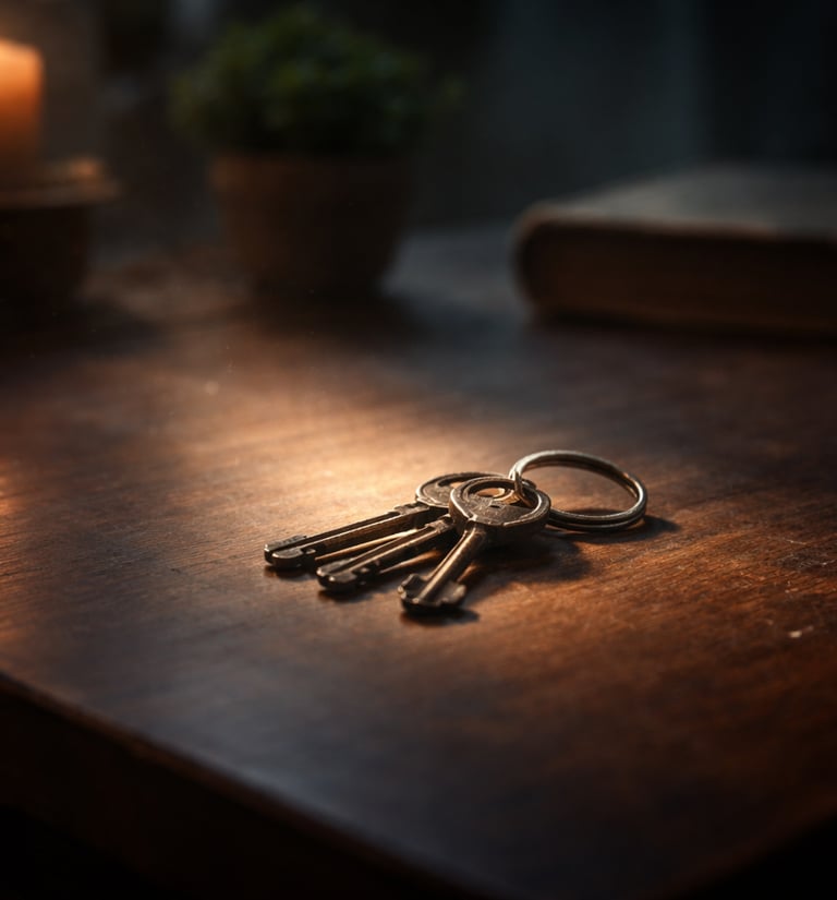 A small set of vintage keys resting slightly out of place on a wooden table, softly illuminated by w
