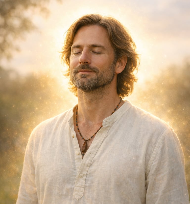 Person standing outdoors in soft sunlight with a gentle glowing aura, eyes closed, peaceful expressi