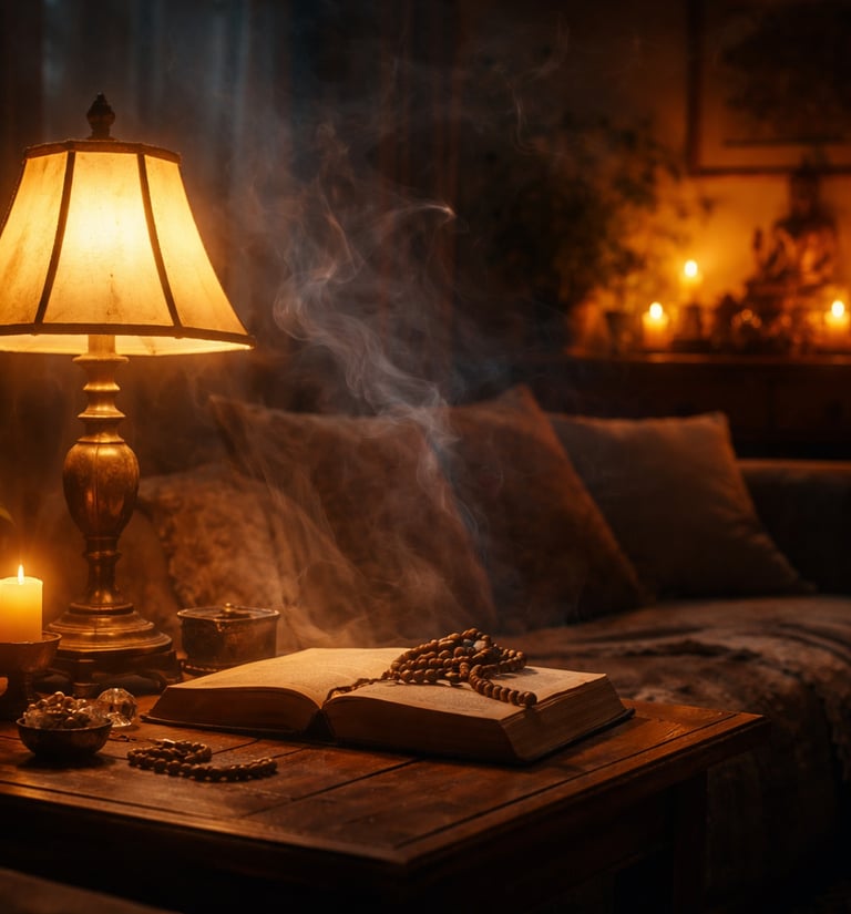 Softly lit room with warm lamp glow, flickering candlelight, and subtle mist creating a calm, slight