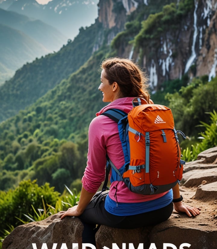 a woman sitting on a rock with a backpack on her back
