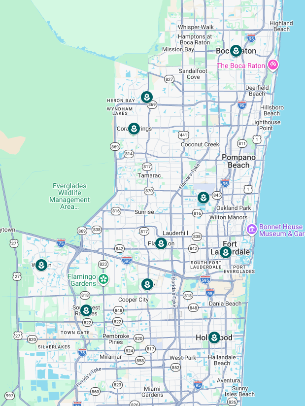 Map of Fort Lauderdale and Broward County Florida with location markers for parks and gardens.