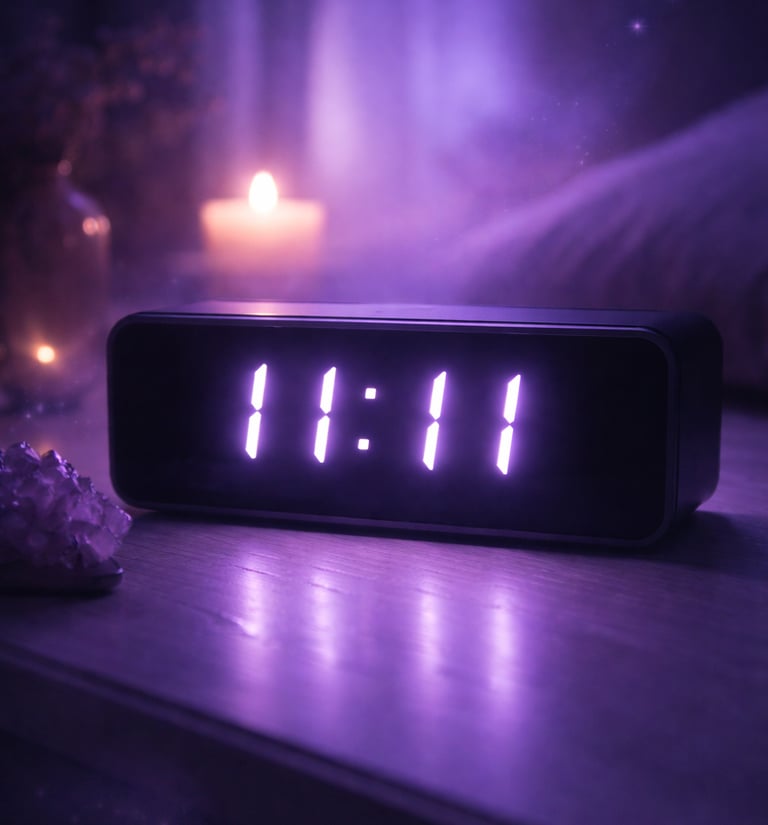 11:11 Angel Number Digital Clock in Dark Room – Spiritual Purple Glow Aesthetic, Calm Mystical Night
