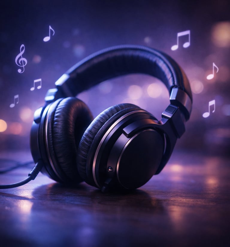 “A pair of over-ear headphones resting on a table with soft purple-blue glowing light and subtle flo