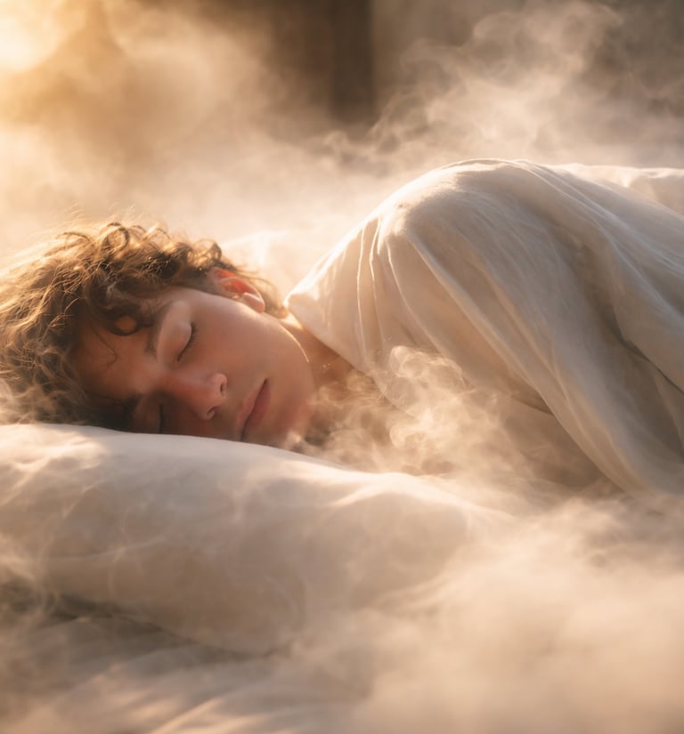 Person sleeping peacefully in warm glowing light surrounded by soft dreamlike mist, calm spiritual a