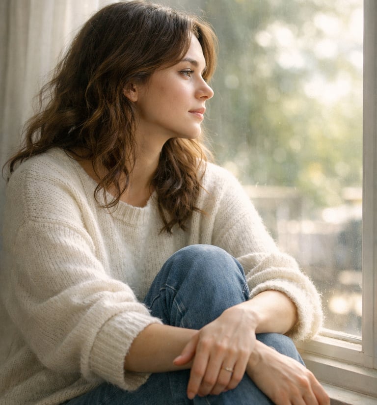 Thoughtful woman sitting by window in soft natural light, peaceful reflective mood, cozy indoor sett