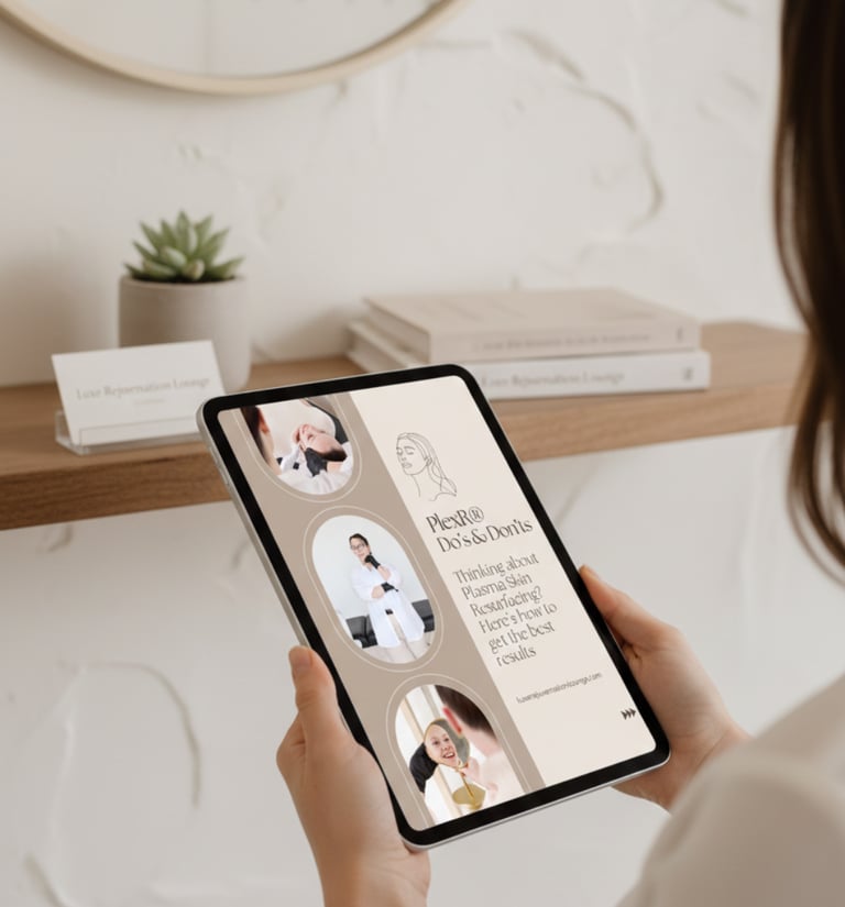 A woman holding a tablet displaying Plexr plasma skin resurfacing do's and don'ts for skin rejuvenation.
