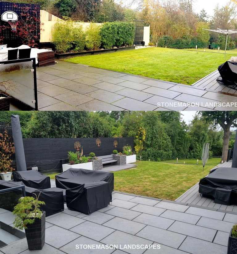 Ultra Modern Chic Dynamic Raised Split Face Planters Porcelain Patio & Bench Before & After