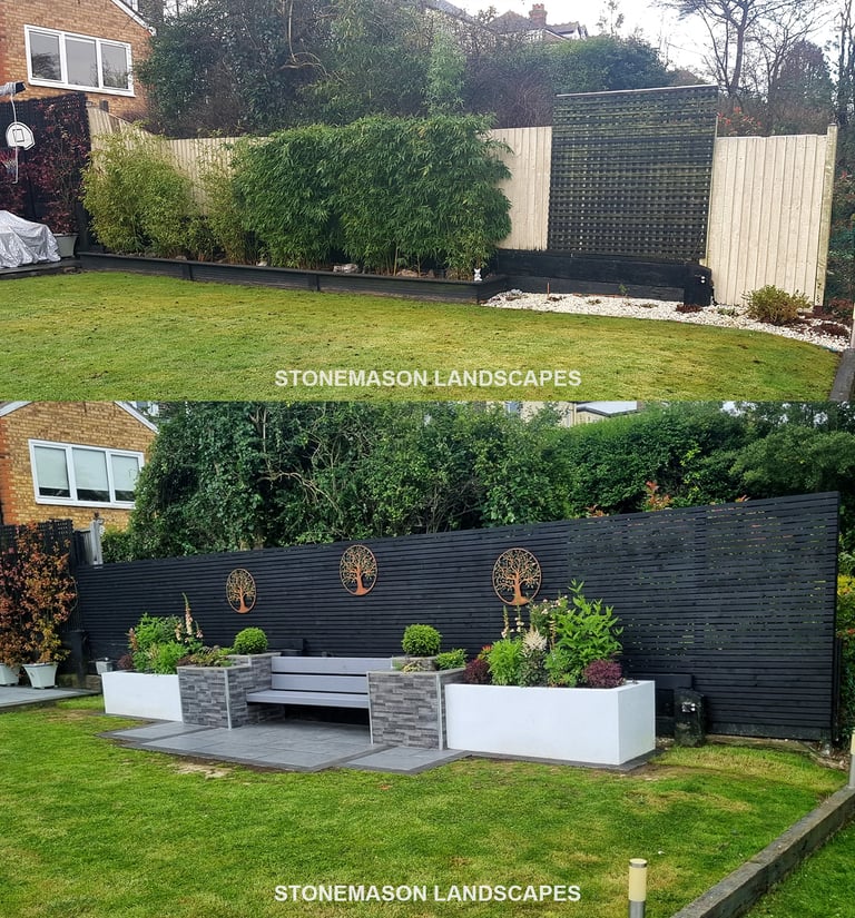Ultra Modern Chic Dynamic Raised Split Face Planters Porcelain Patio & Bench Before & After