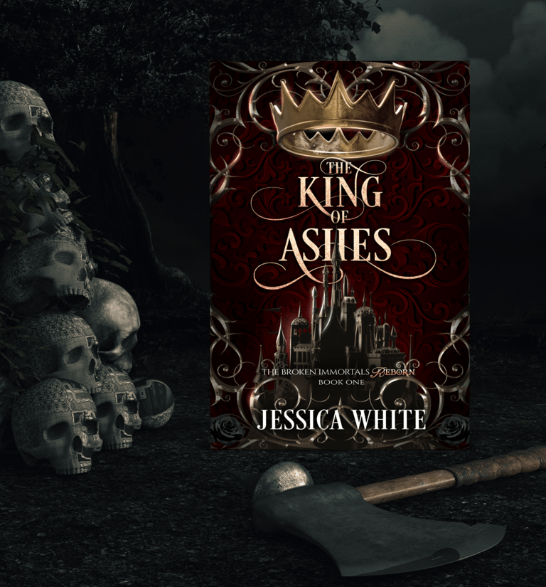 Gothic-style book cover of The King of Ashes, a dark fantasy romance by Jessica White, featuring a l