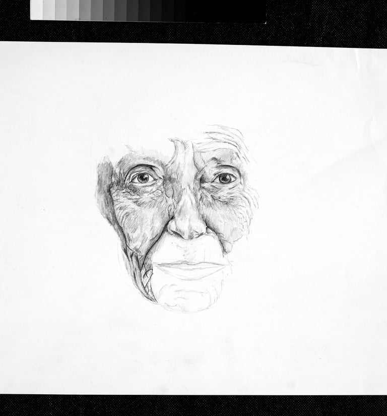 Porträtstudie einer älteren Dame auf grossem Format, fokussiert auf Gesichtszüge und Ausdruck.