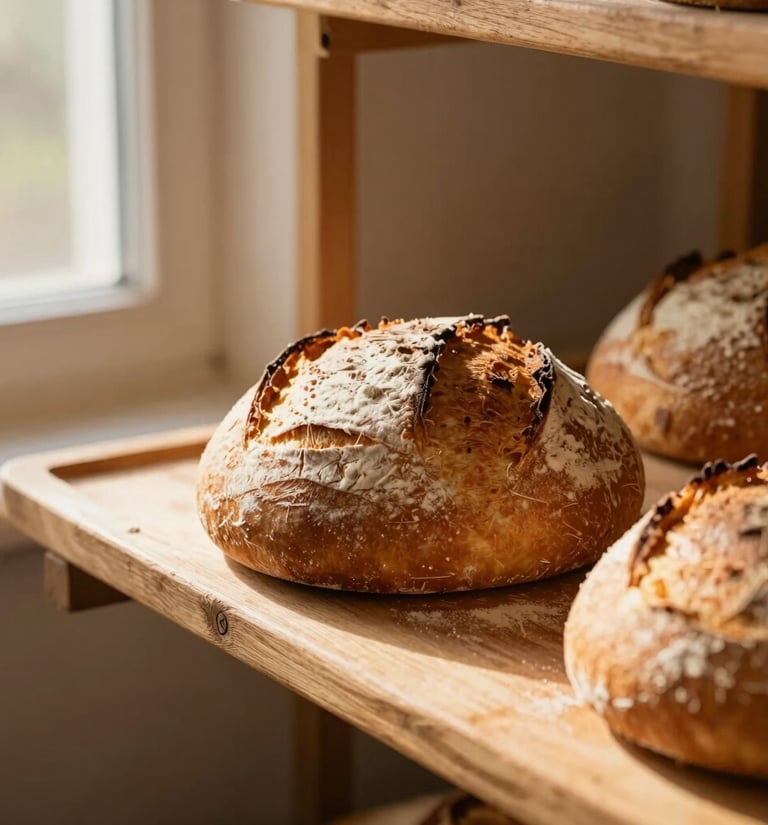 Flour-dusted sourdough loaves resting on rustic wooden racks in a warm country bakehouse, golden morning light.