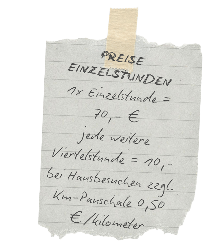 Handwritten price list for individual lessons in German showing 70 Euro per hour and travel fees.
