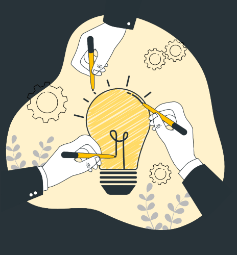 Multiple people holding a pencil and writing on a light bulb. Gears and plants are in the background