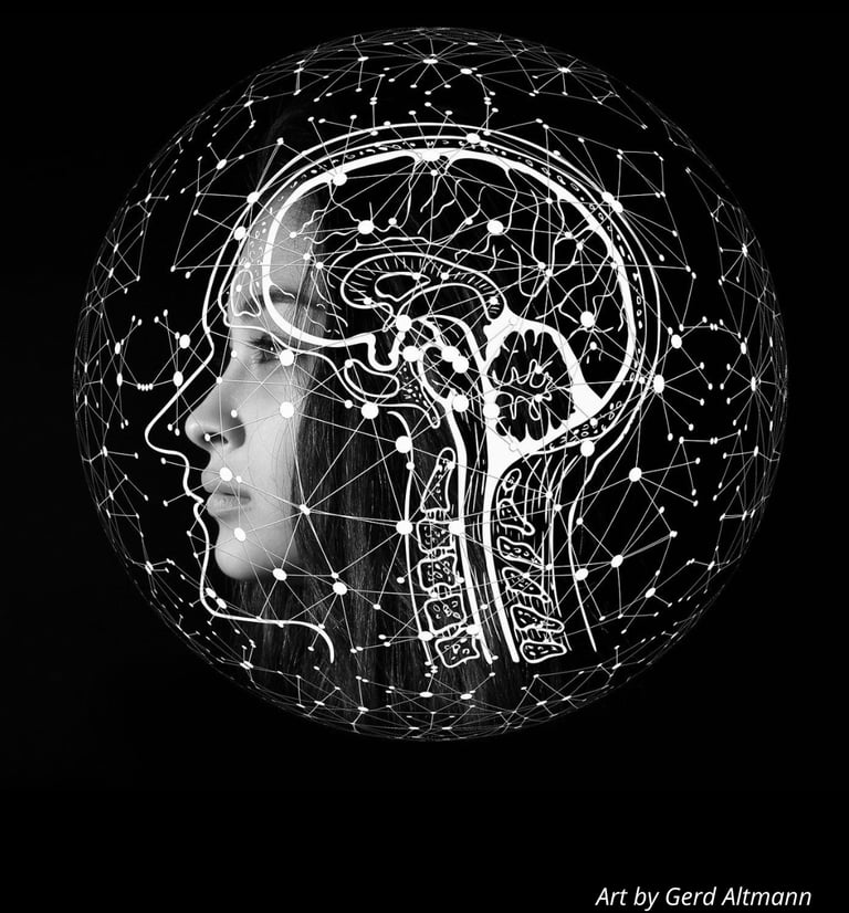 a human head with a brain map and connected dots all around