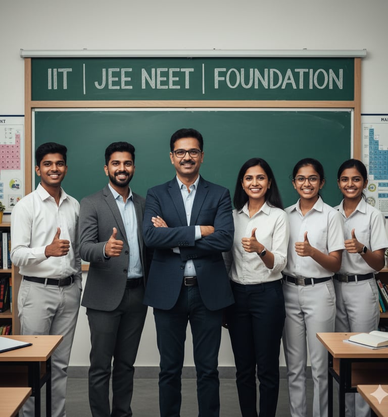 Group photo of smiling, confident Indian faculty and students standing together in a modern coaching