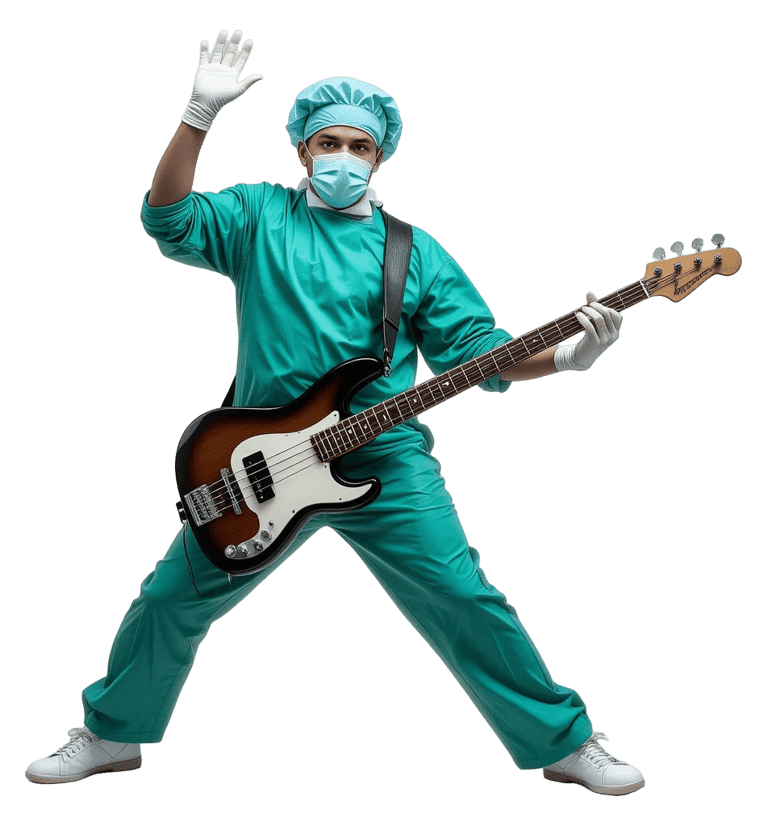 Kirurg i arbetskläder spelar elbas under teambuilding