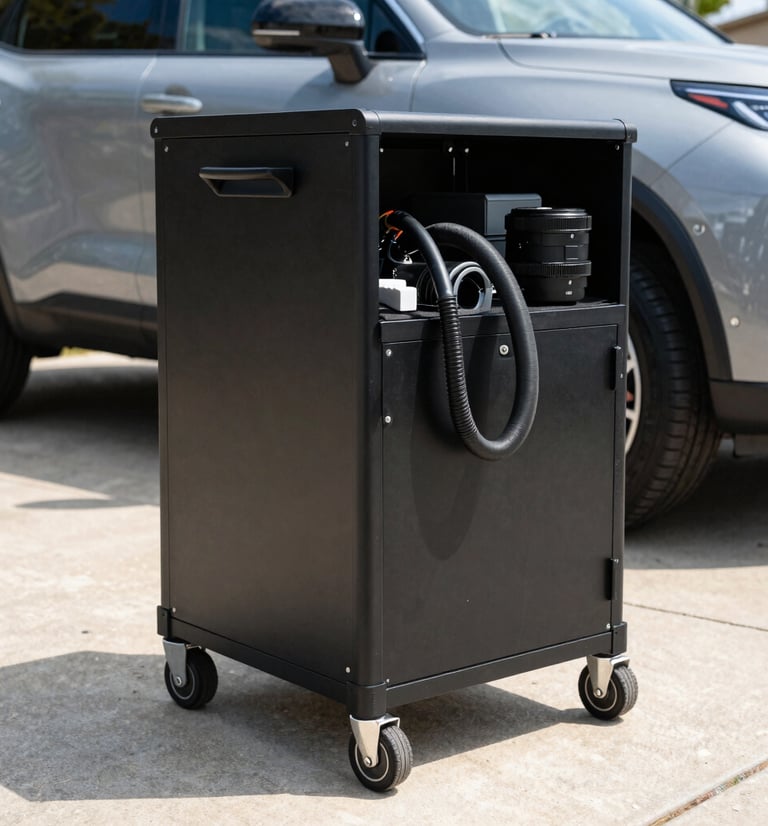 Close-up, low-angle shot of a self-contained mobile detailing rig, showing its compact, professional setup with hoses and equipment neatly stowed, parked in a driveway, with a clean SUV partially visible in the background, bright daylight, sharp focus.