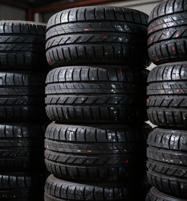Close-up portrait shot of multiple aggressive sports car tire tread patterns stacked in a pristine, high-contrast warehouse, dramatic studio lighting, deep shadows, bright highlights, visible rubber texture, 35mm.