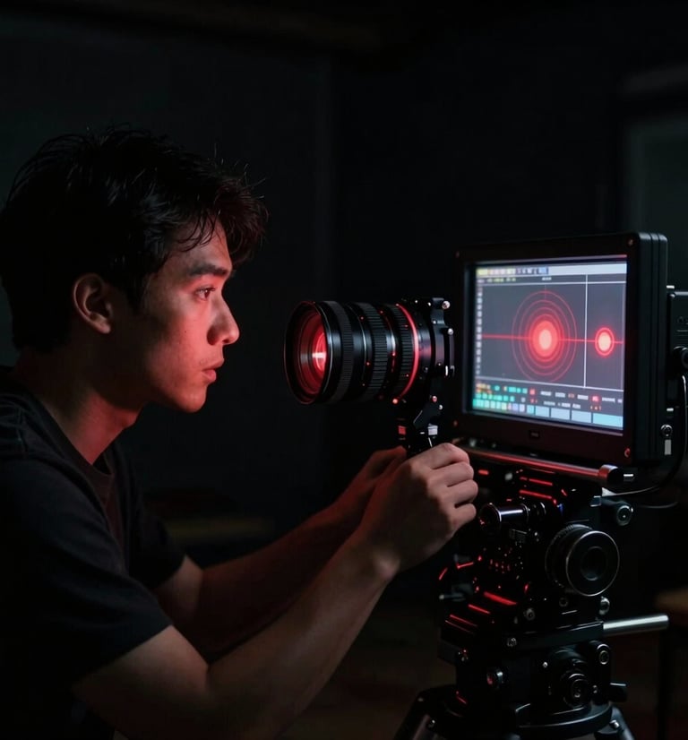 Close-up de um diretor de fotografia ajustando um monitor de referência em um estúdio escuro, com reflexos suaves de luz vermelha no rosto, cinematic film photography, dramatic high-contrast lighting, deep blacks with subtle red accents, anamorphic lens, 35mm, portrait aspect.