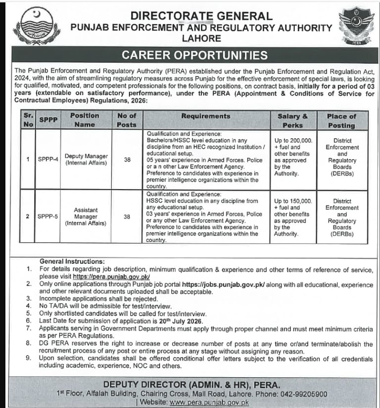 PERA Punjab jobs 2026 advertisement for Deputy Manager and Assistant Manager Internal Affairs posts