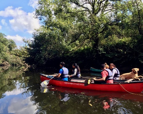 a group of people in a canoe on a river