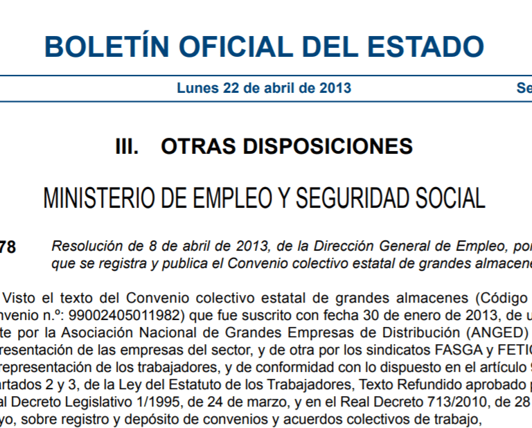 BOE 22/04/ 2013 convenio colectivo grandes almacenes