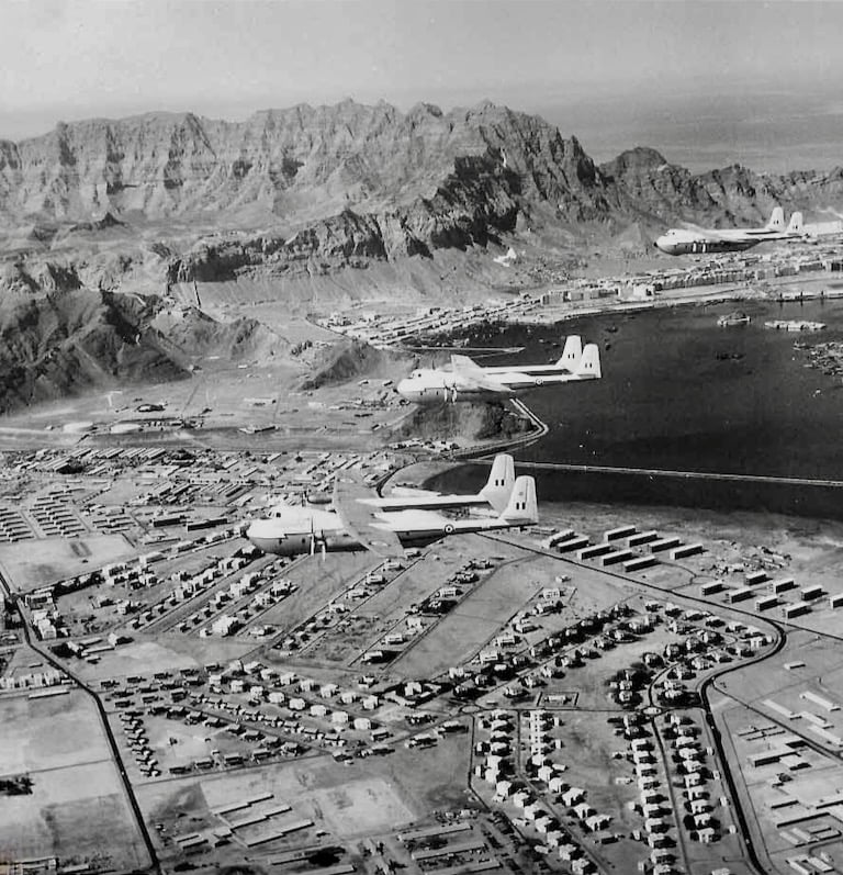 Aerial view of Aden, South Arabia as RAF Argosies fly over Khormaksar