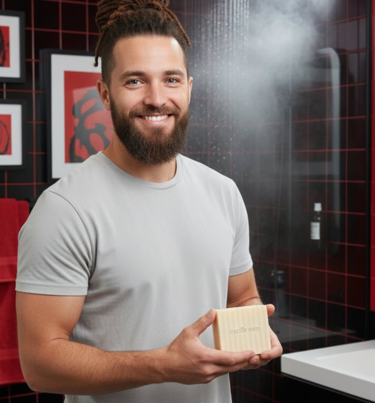 a man with a beard holding a bar of castile soap bar
