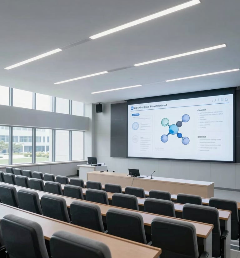 A wide-angle architectural photograph of a modern medical lecture hall, cool-toned daylight streaming through linear windows, sharp focus on rows of empty premium seating and a large digital screen displaying clean molecular data visualizations, 35mm lens.