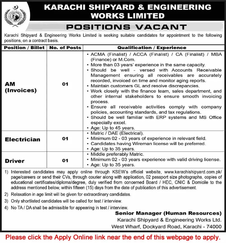 Karachi Shipyard and Engineering Works Jobs February 2026 Apply Online Assistant Manager, Electrician & Driver KSEW Latest
