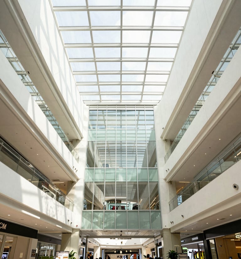 Symmetrical wide-angle architectural photography of a modern commercial mall interior in Kuala Lumpur, bright natural daylight streaming through glass atrium, clean high-contrast corporate tones, sharp details