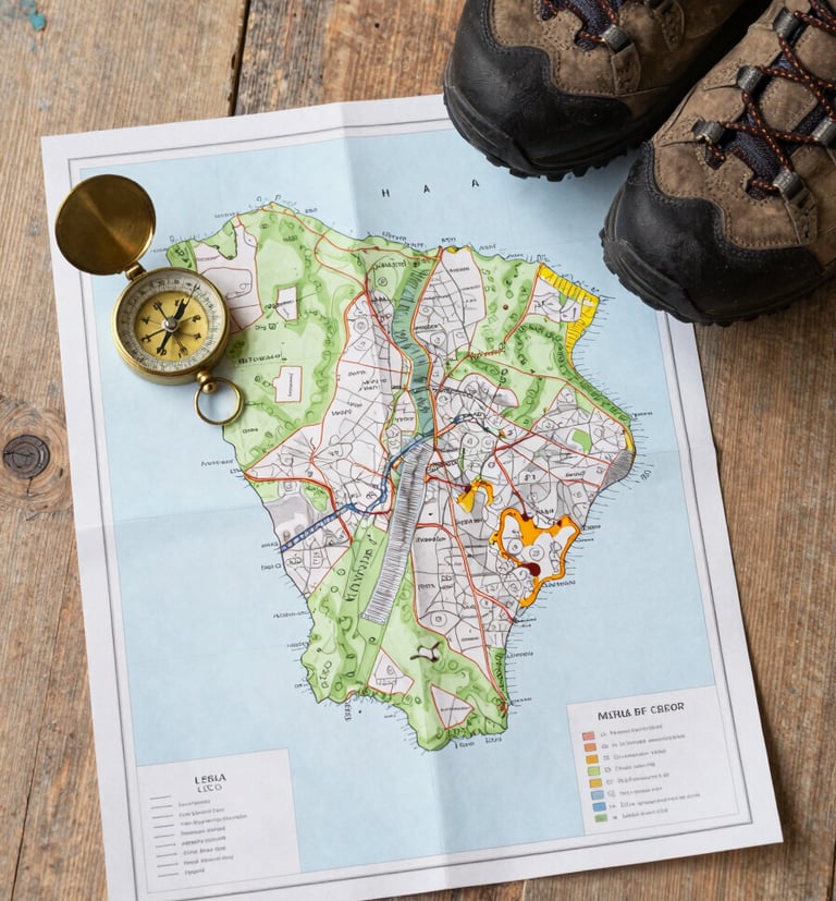 A top-down flat lay of a paper map of Yorkshire, a vintage compass, and a pair of hiking boots on a rustic wooden floor. Soft, natural mist white lighting.