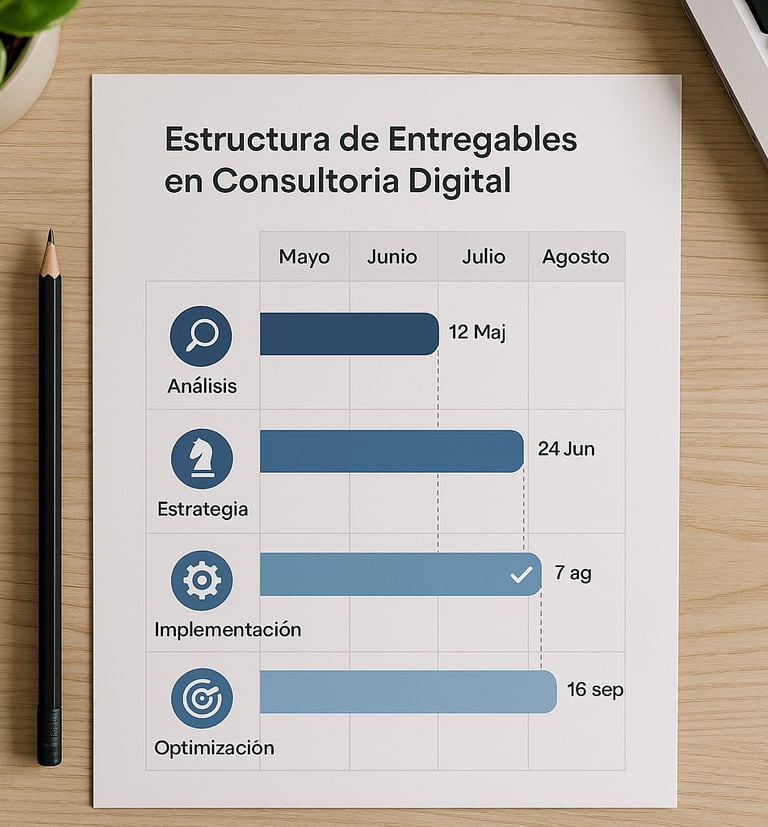 Estructura de entregables y hitos en contrato consultoría digital cláusulas