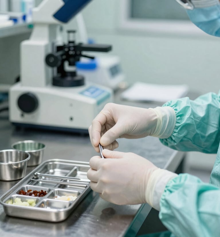 A professional photographer's shot of a medical technician's hands in a sterile North American / US laboratory environment, carefully assembling a surgical kit on a stainless steel counter. Mint green and soft light blue color accents in the equipment.