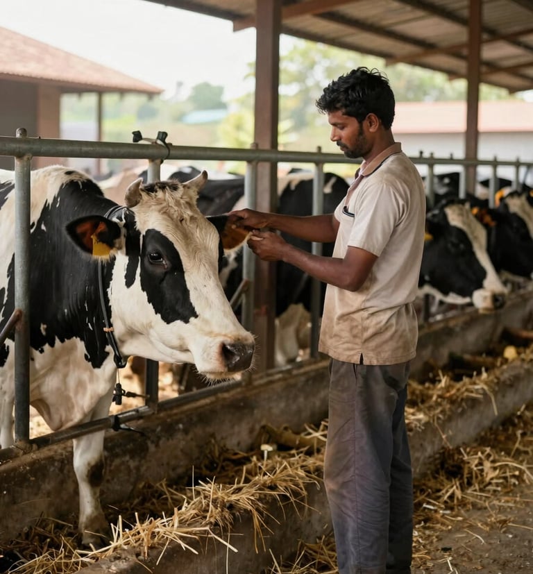 Wide medium shot of a working Indian dairy farm at midday, a farm worker in practical clothing examining a cow's ear closely, dusty straw-covered floor, natural north-facing shed light, no styling, documentary framing