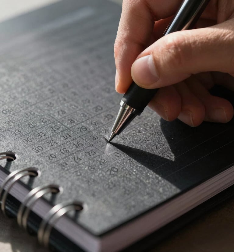 Extreme close-up of a hand writing precise numbers in a physical black planner with a technical pen, high-contrast directional light, deep shadows, minimal background.