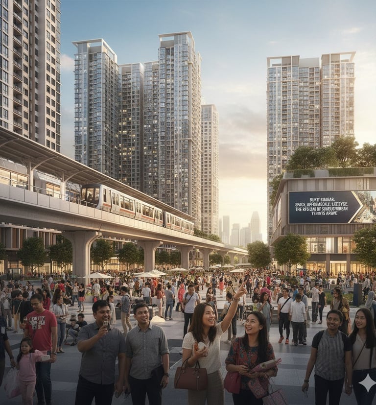 A busy urban plaza with crowds of people, modern high-rise buildings, and an elevated train on the RTS Link track