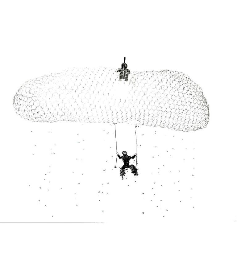 Lustre L'homme sous la pluie suspendu au nuage sculpture de Wilfrid Bricourt