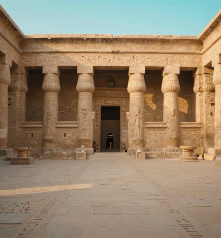 Portrait shot of a serene, empty ancient Egyptian temple courtyard at sunrise, with soft, warm light illuminating the hieroglyphs. No people visible, emphasizing exclusivity. 35mm, shallow depth of field.