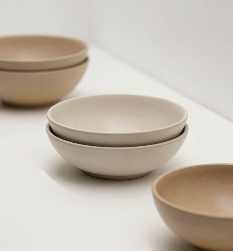 A minimalist gallery-style photograph of the 'Serie Alba' collection. Three stacked ceramic bowls with organic edges in varying shades of sand (#EAE4D3) and tan (#C2BEB0). Clean shadows, white museum-like environment.