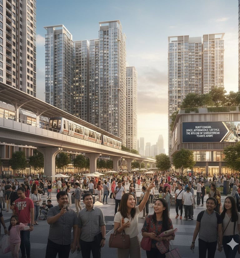 A busy urban plaza with crowds of people, modern high-rise buildings, and an elevated train on the RTS Link track